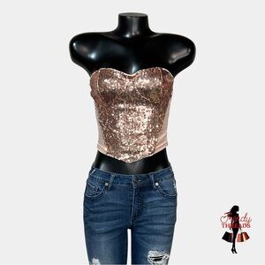 Shein RoseGold Sequin Velvet/Velour Corset Top SMALL Strapless Cropped Festival